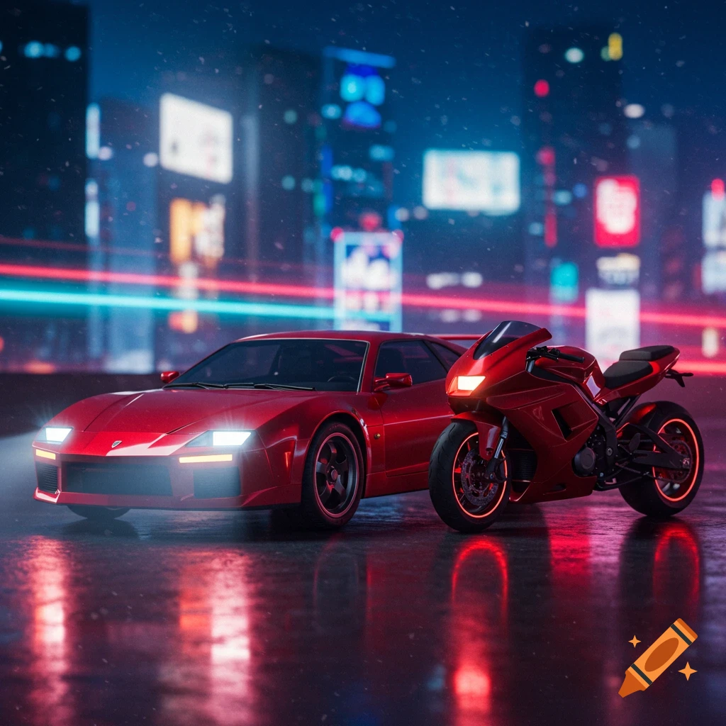 A sleek red sports car and a red motorcycle parked side-by-side on a wet city street at night, illuminated by neon lights.