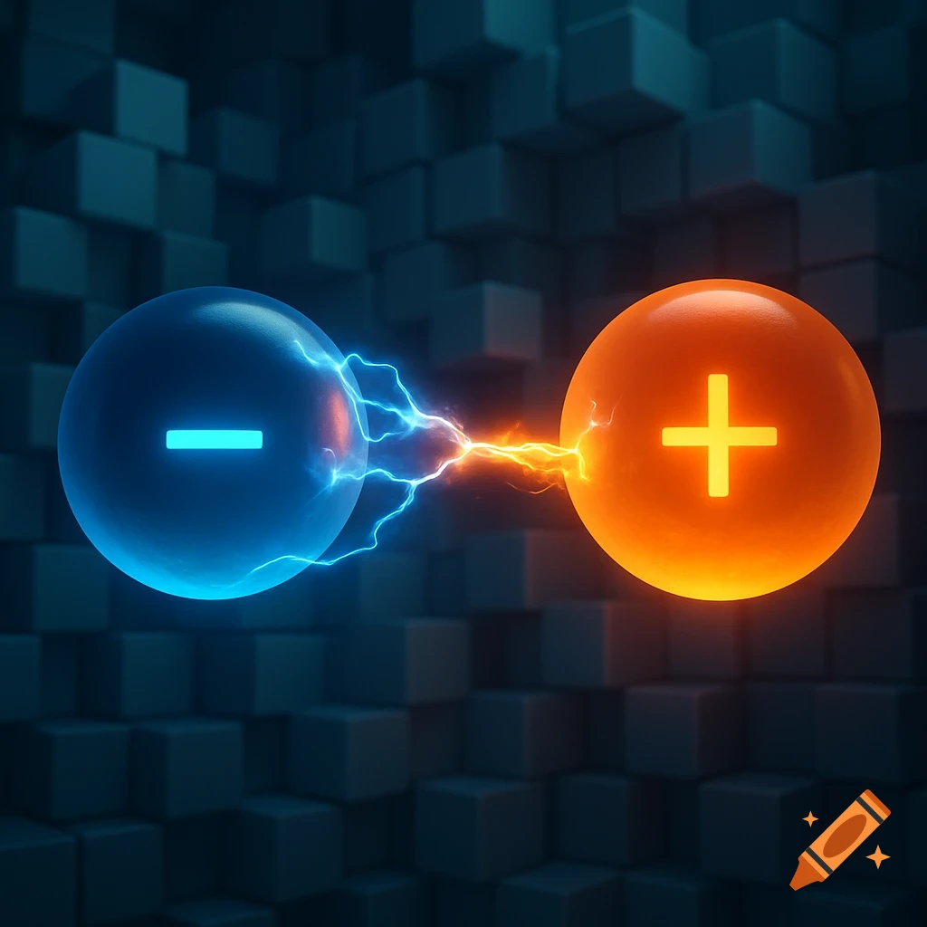 A blue sphere with a minus sign and an orange sphere with a plus sign are connected by blue and orange electrical arcs, set against a background of dark cubes.