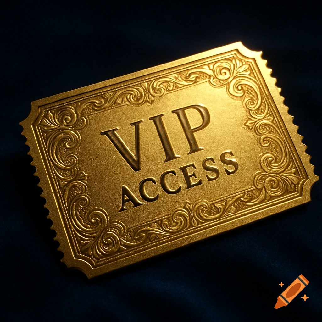 A shimmering golden VIP ACCESS ticket with ornate embossed borders, dramatically lit against a dark, velvety background.