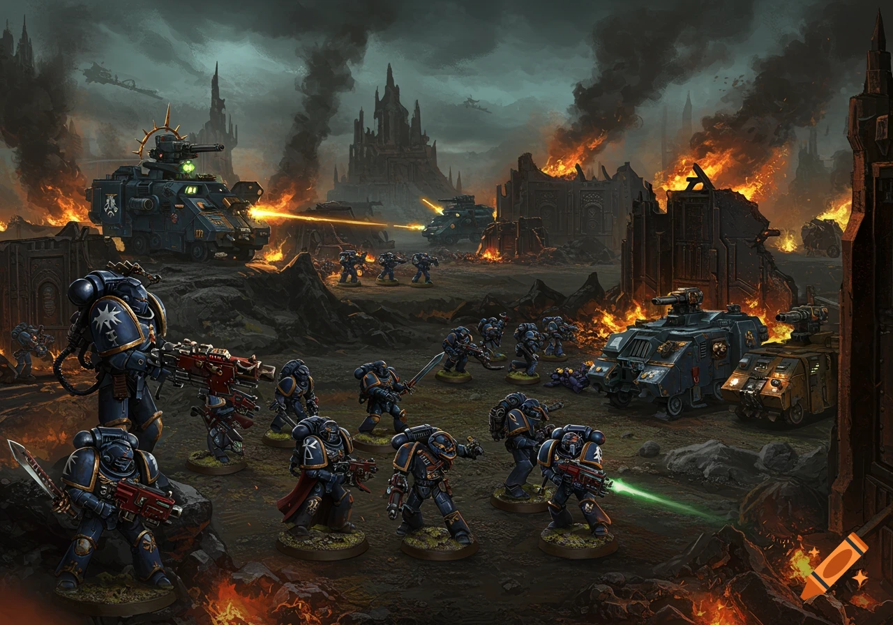 An epic battle scene featuring blue armored space marines and tanks firing lasers on a war-torn planet with burning ruins and a gothic castle in the background.