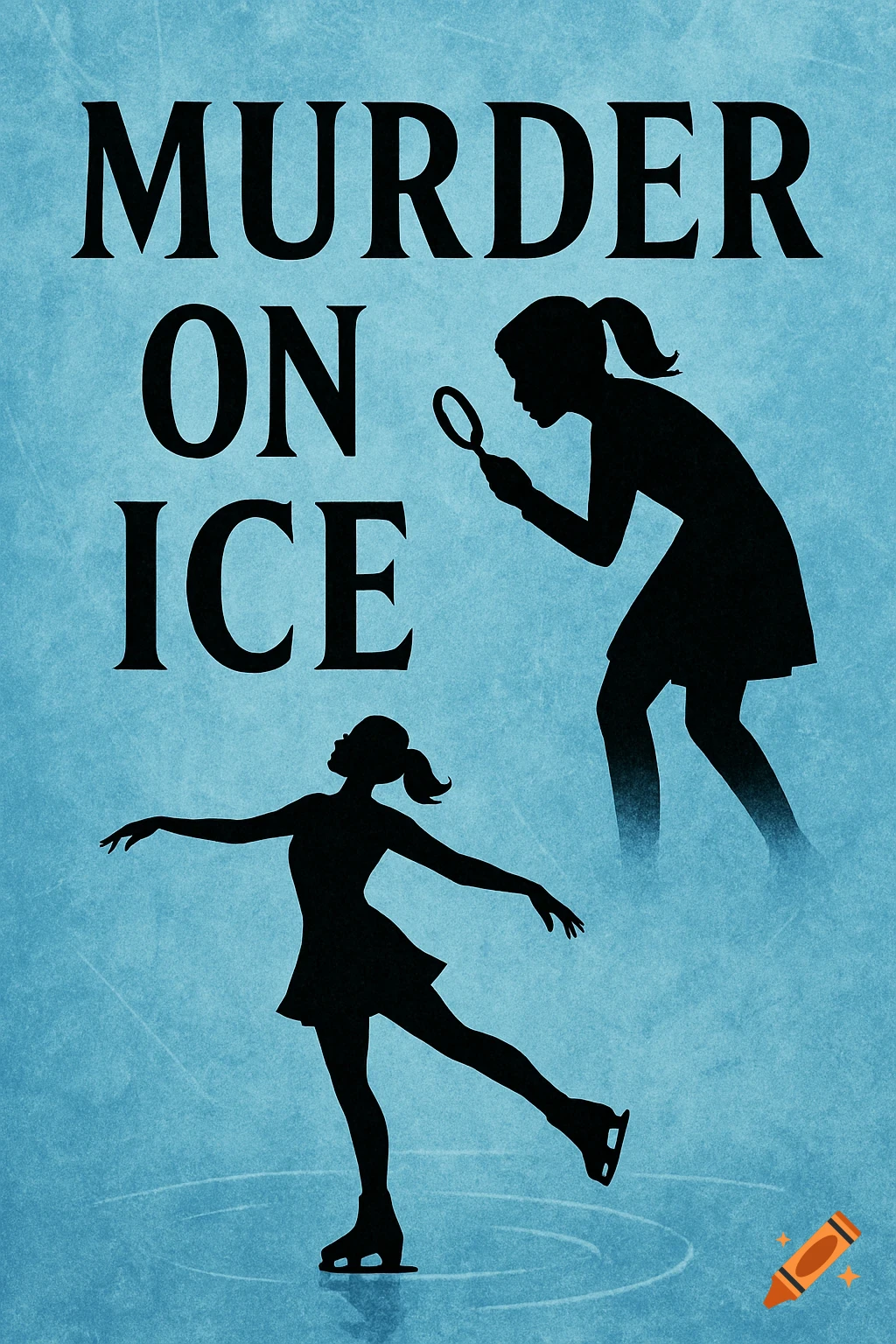 A stylized book cover for 'MURDER ON ICE' with black silhouettes of a figure skater and a person holding a magnifying glass on an ice blue background.