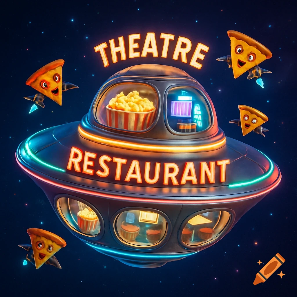 Cartoon retro flying saucer theatre restaurant in space, with neon signs and flying pizza slices.