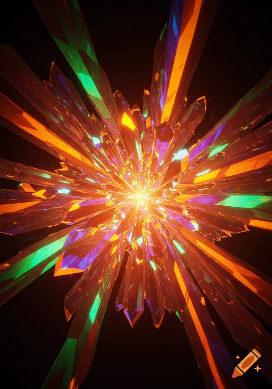 Abstract, glowing, iridescent crystals in shades of orange, green, and purple, emanating from a bright center in an early 2000s 3D rendering style.