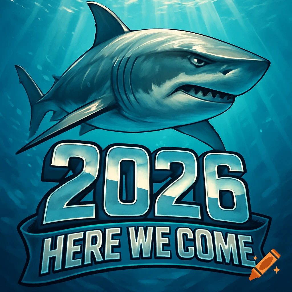 A stylized shark swims underwater above a banner with the text "2026 HERE WE COME".
