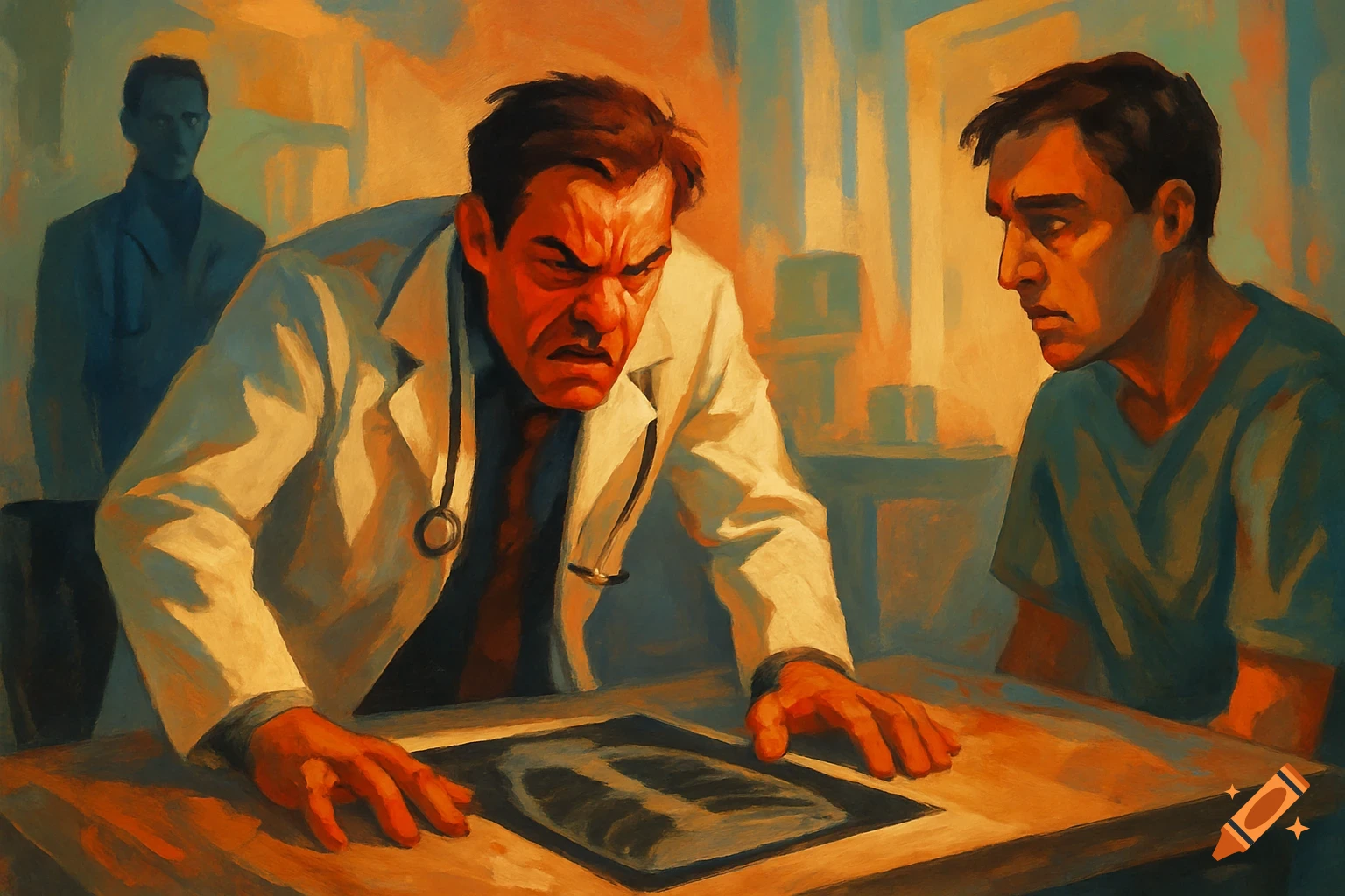 A dramatic painting shows an angry doctor looking at an X-ray with a worried patient, while another doctor stands in the background.
