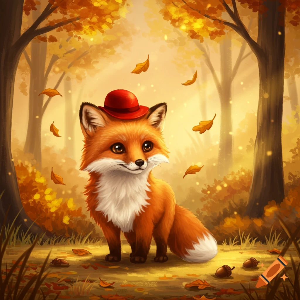 A cute, stylized orange fox wearing a red hat sits in a vibrant autumn forest with golden leaves.