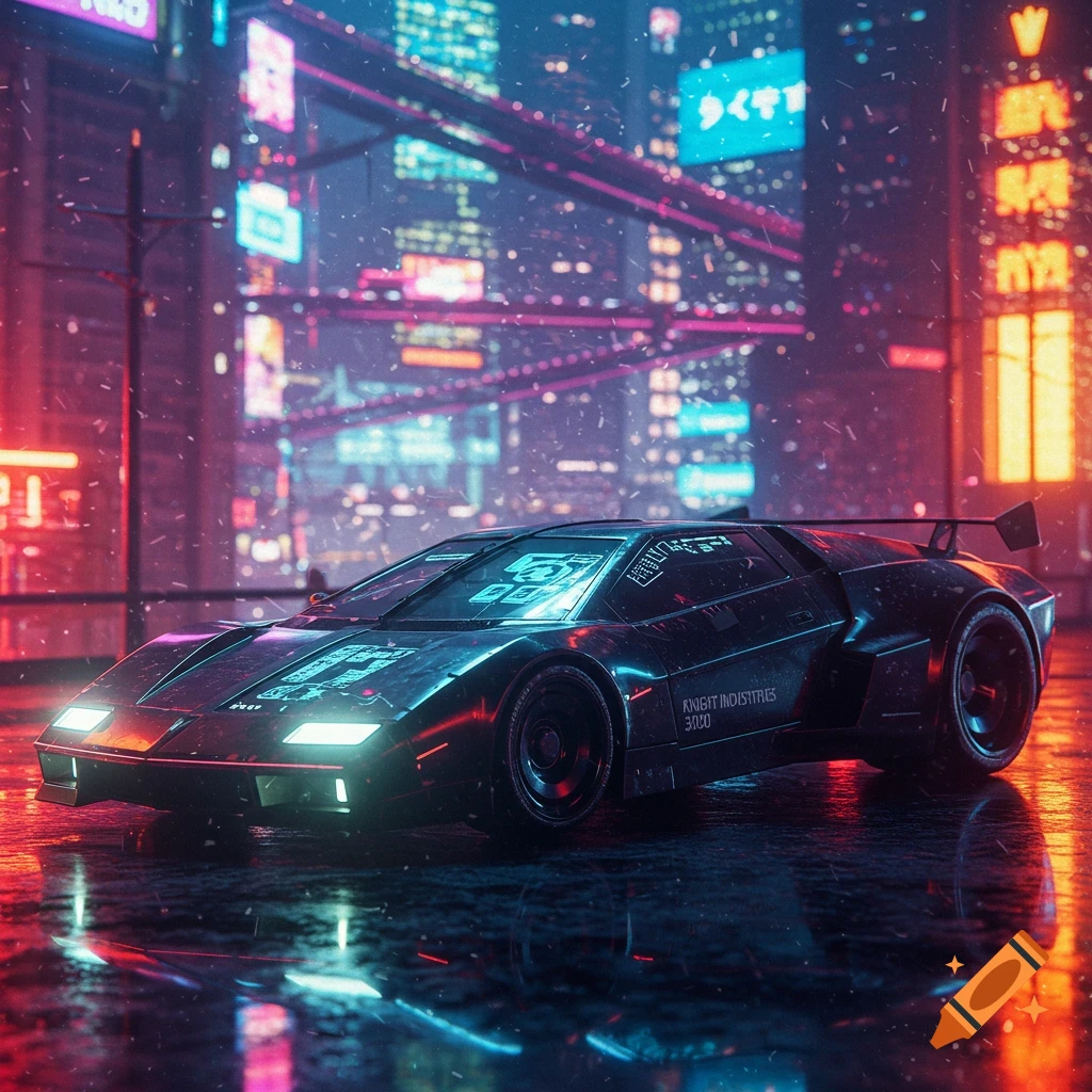 A sleek, black futuristic car with glowing headlights on a wet street, reflecting vibrant neon lights of a cyberpunk city at night.