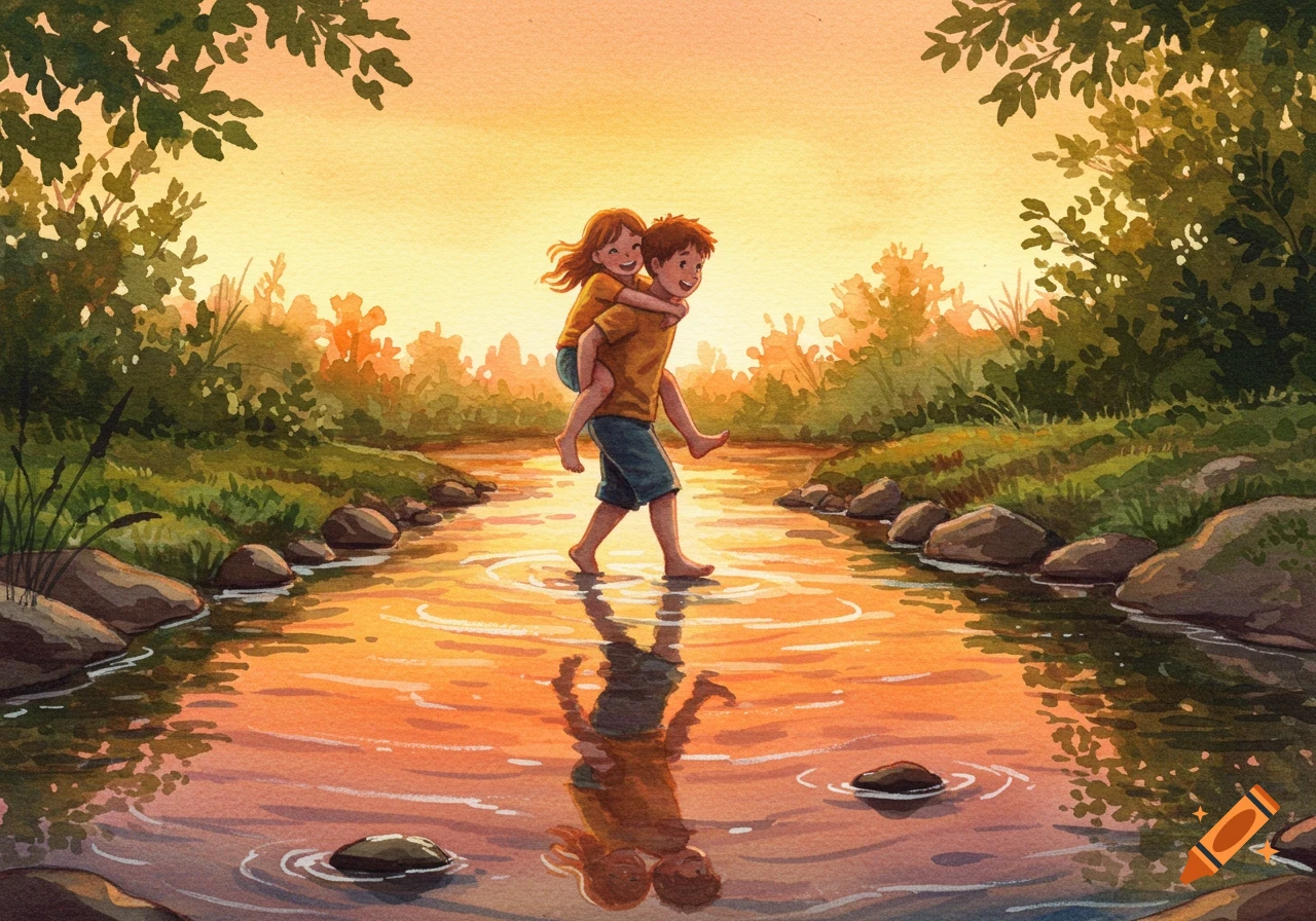 A boy carries a girl on his back, wading through a sunny stream at sunset, in a warm-toned watercolor illustration.