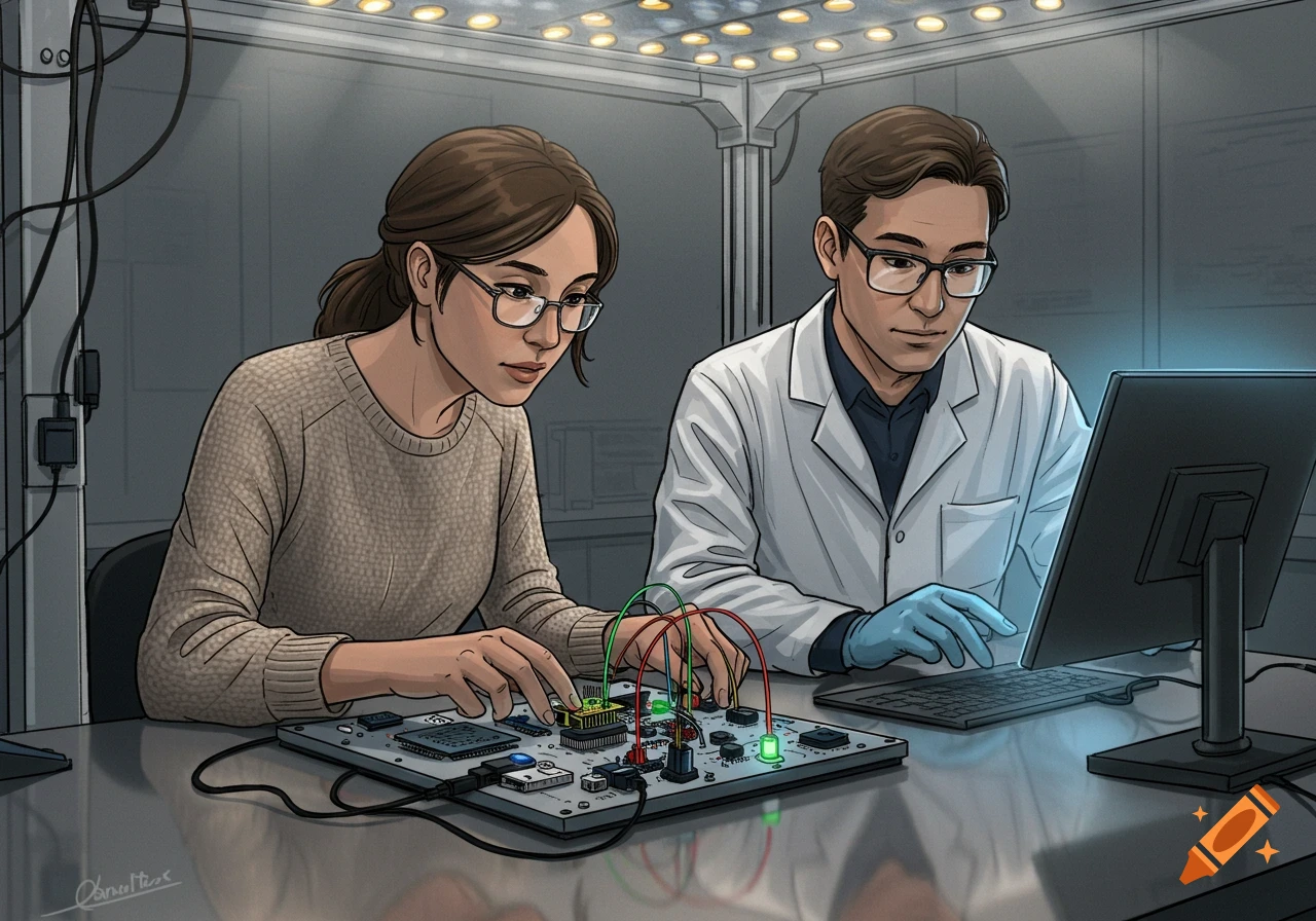 A colored sketch shows a female and male researcher working on an electronic testbed in a lab, with one using a laptop.