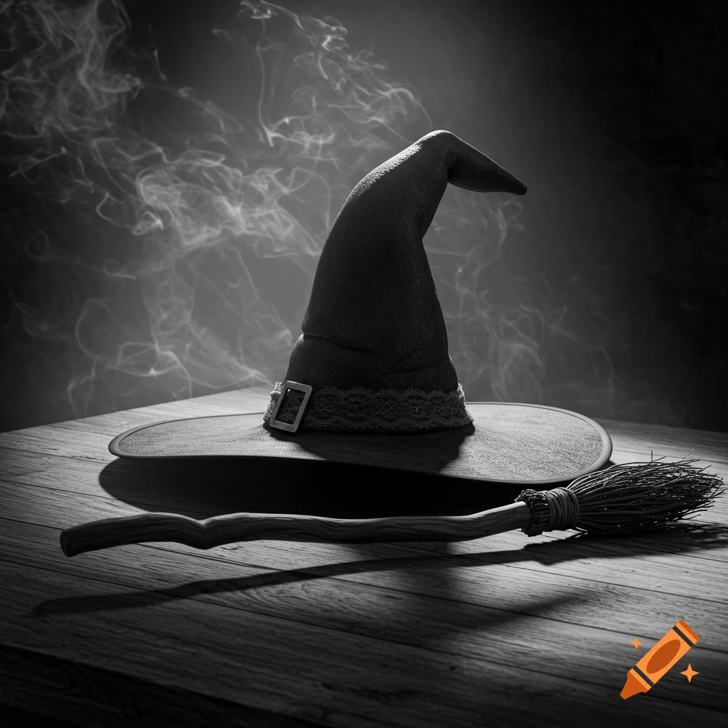 A black and white still life of a witch's pointed hat and a broomstick lying on a wooden table with smoke in the background.