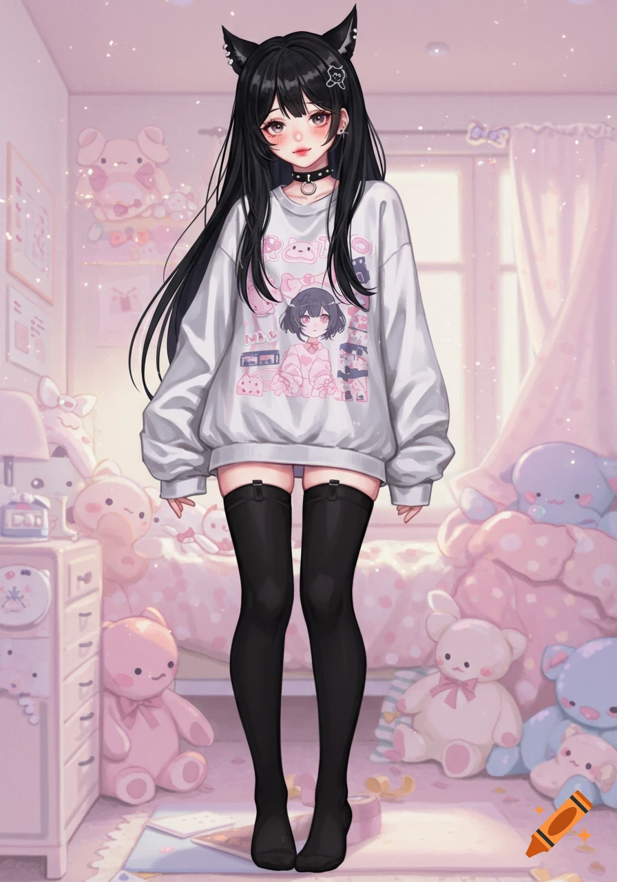 An anime girl with black hair and cat ears, wearing a white oversized sweater and black thigh-high socks, stands in a pink bedroom filled with stuffed animals.