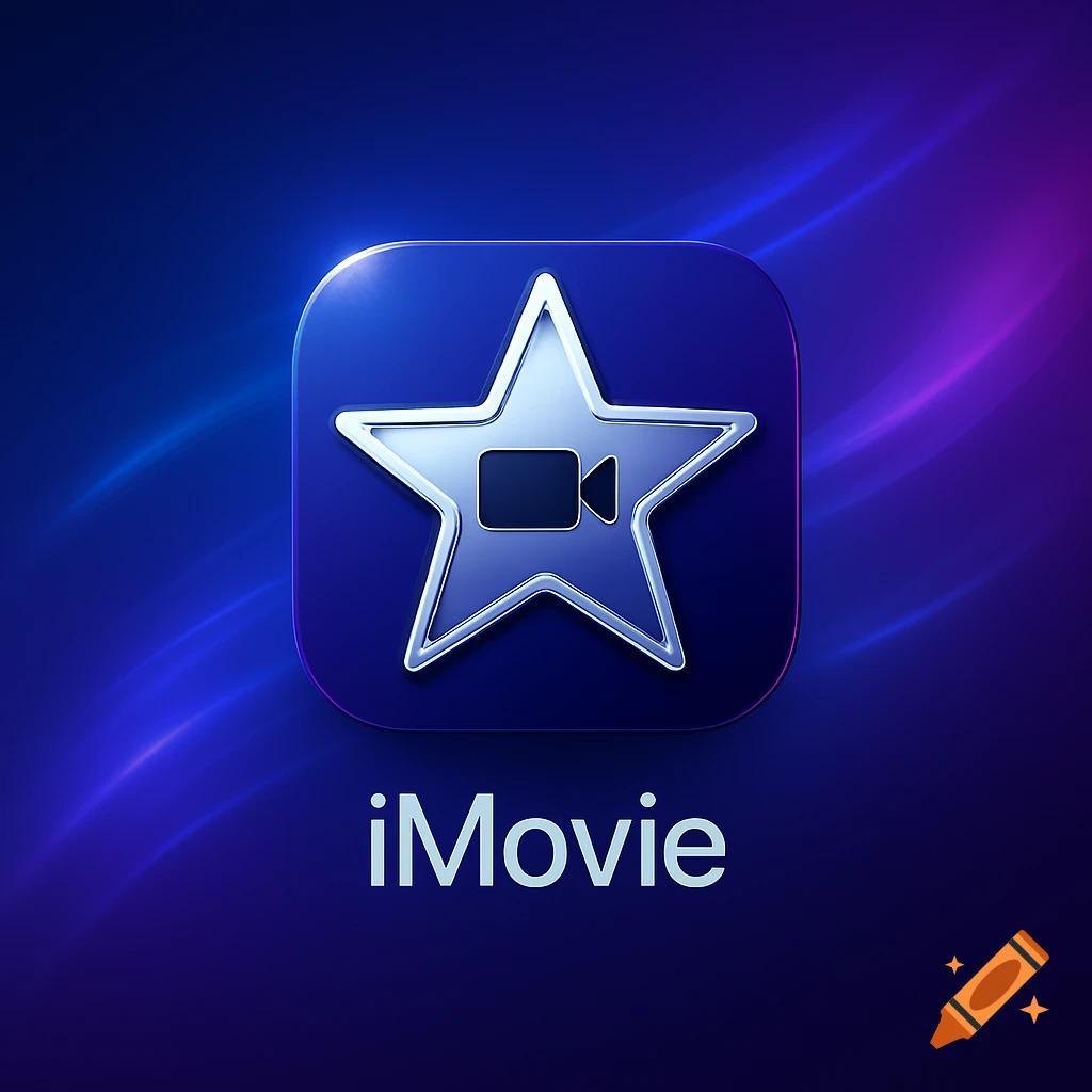 iMovie app icon featuring a silver star with a video camera symbol, set against a dark blue background with glowing purple and blue accents.
