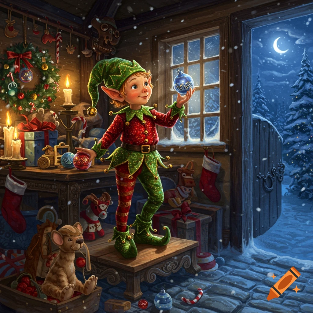 A cheerful elf in a festive workshop holds an ornament, looking out a window at a snowy Christmas night with a crescent moon.