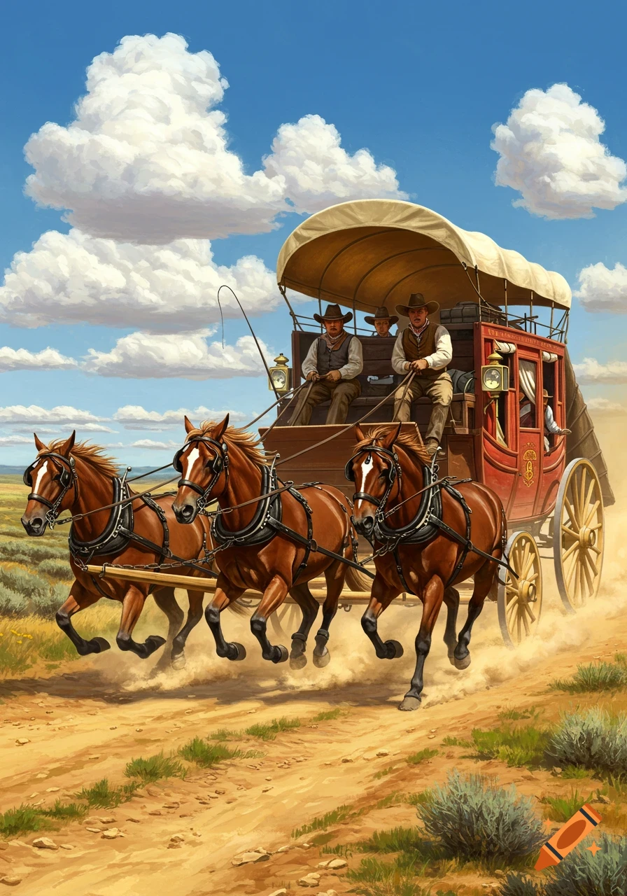 A stagecoach pulled by three horses races across a dusty western landscape under a blue sky with white clouds.