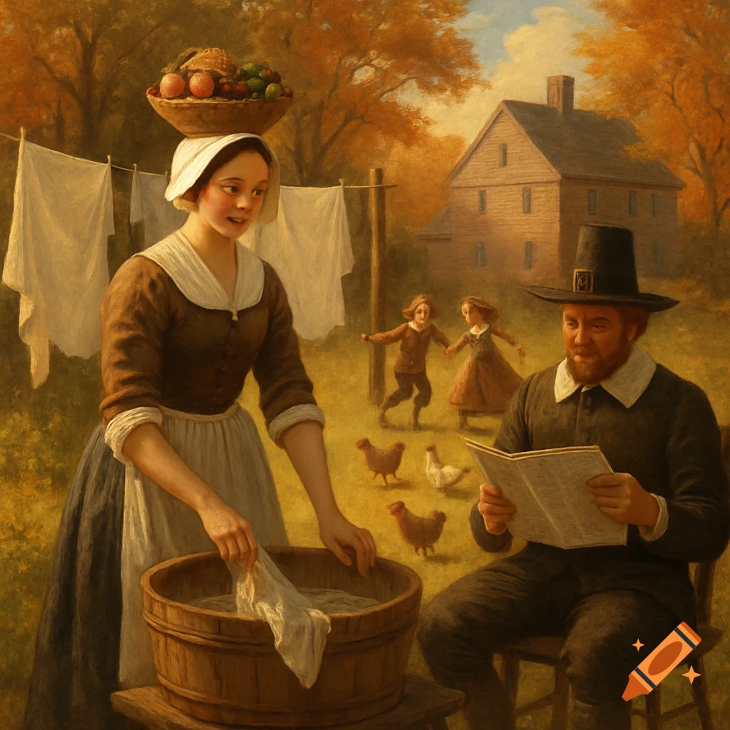 A painting of a Pilgrim woman doing laundry while her husband reads a newspaper, with children playing with chickens in the background.