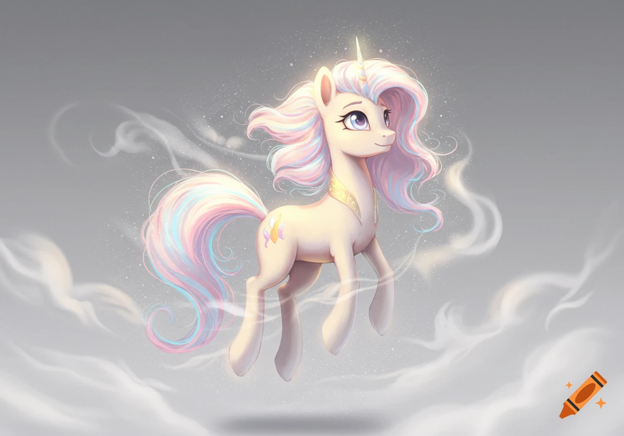 A stylized, light-colored unicorn-like pony with pastel pink and blue wavy mane and tail, golden collar, floating among wispy clouds and sparkles on a grey background.