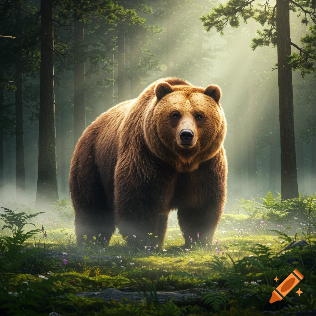 A photorealistic brown bear stands in a misty, sunlit forest clearing among ferns and wildflowers.