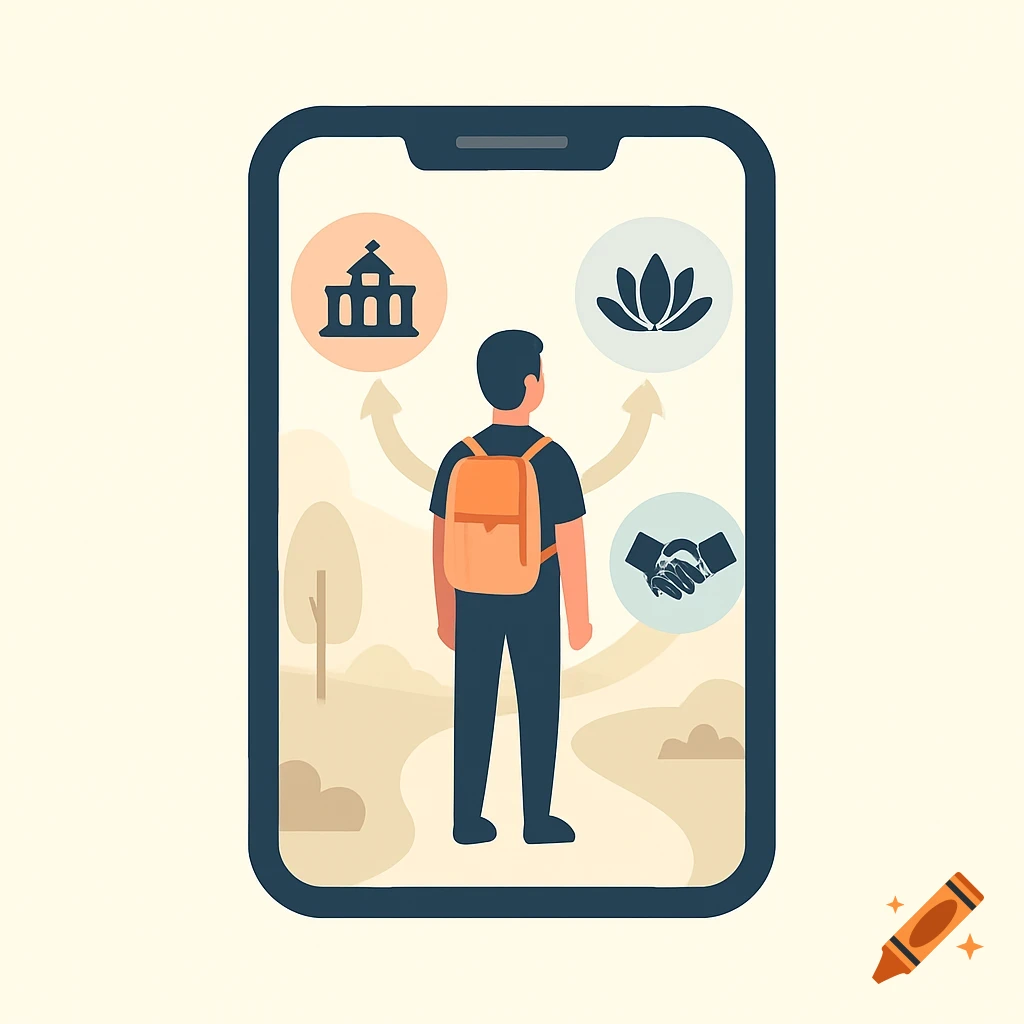 Minimalist flat art illustration of a person facing a smartphone displaying a path with icons for school, meditation, and shaking hands, representing life choices.