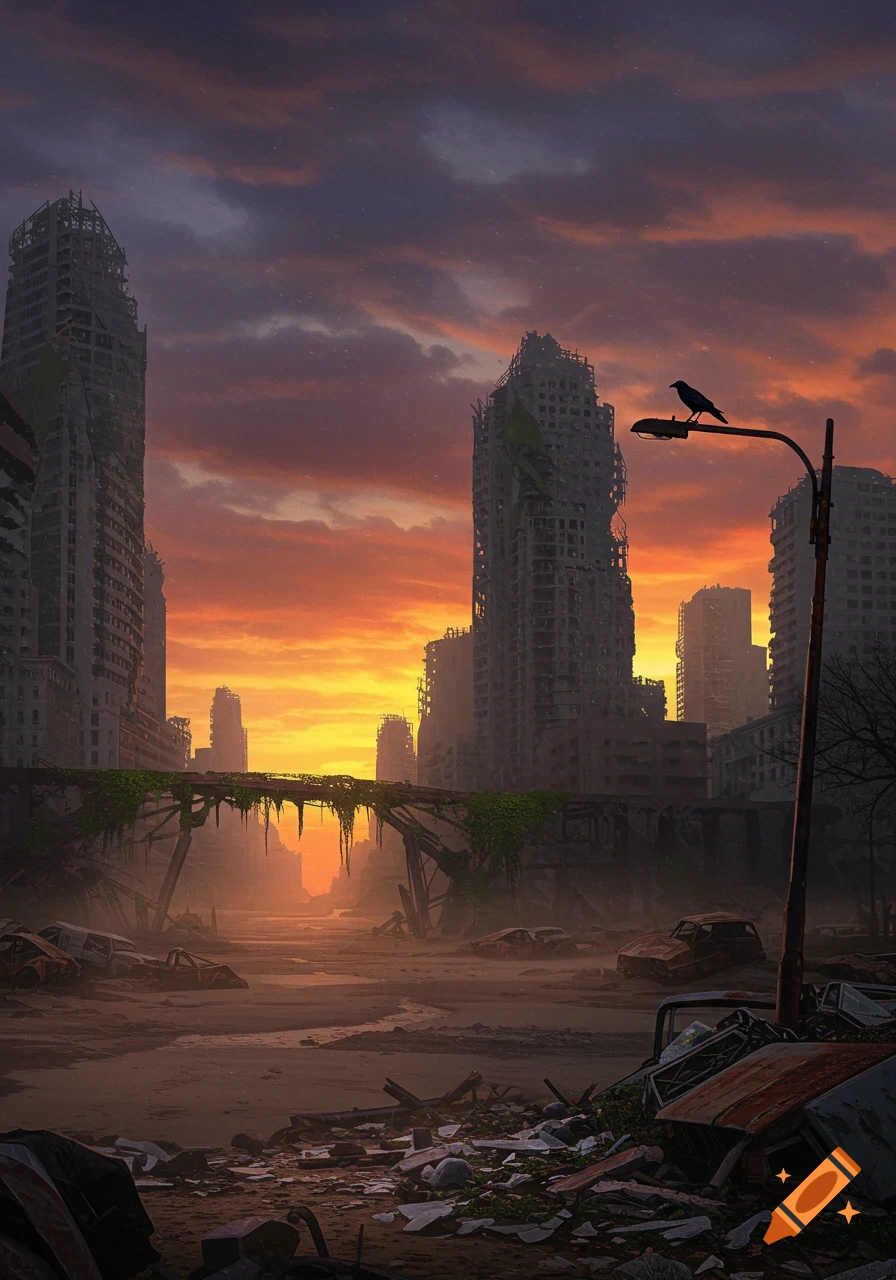 Post-apocalyptic cityscape at sunset with ruined skyscrapers, an overgrown bridge, debris, and a crow on a street lamp.