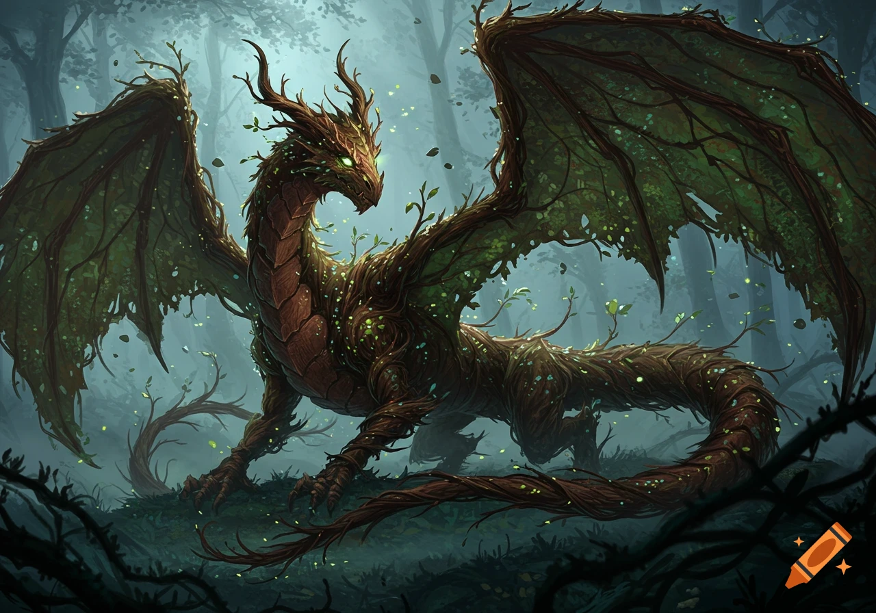 A detailed fantasy illustration of a dragon made of thorny brown vines and green leaves with glowing eyes, standing in a dark, misty forest.