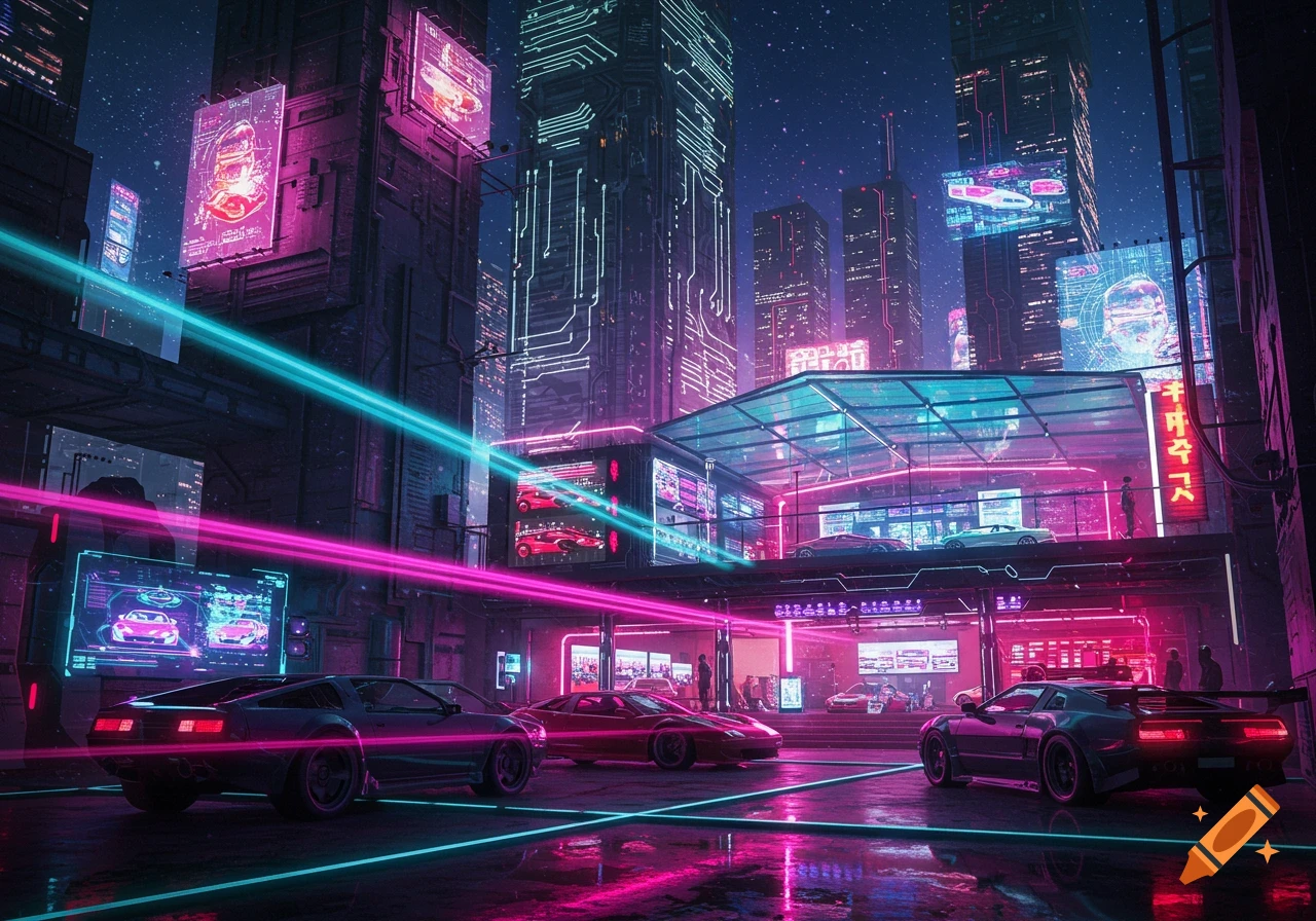 A vibrant cyberpunk city street at night with neon-lit tall buildings and a car dealership showcasing sleek vehicles. Bright pink and blue light beams reflect on the wet ground.