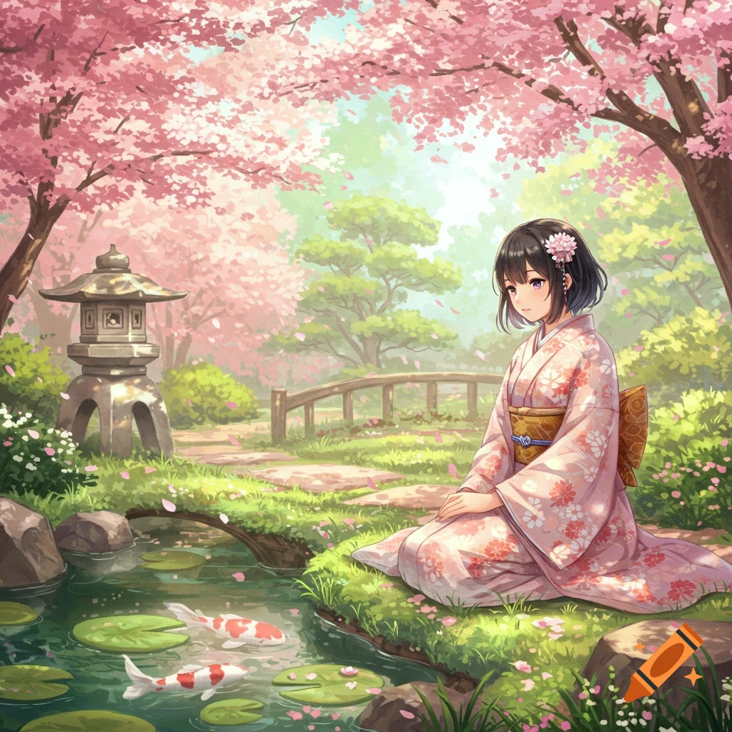 Anime girl in a pink kimono kneels by a koi pond in a beautiful cherry blossom Japanese garden.