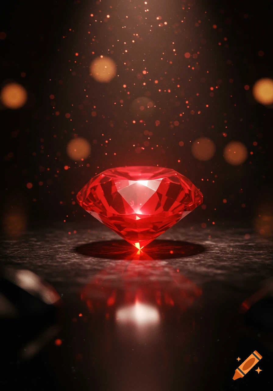 A brilliant red ruby gemstone rests on a dark reflective surface, illuminated by a spotlight with shimmering particles and bokeh lights.