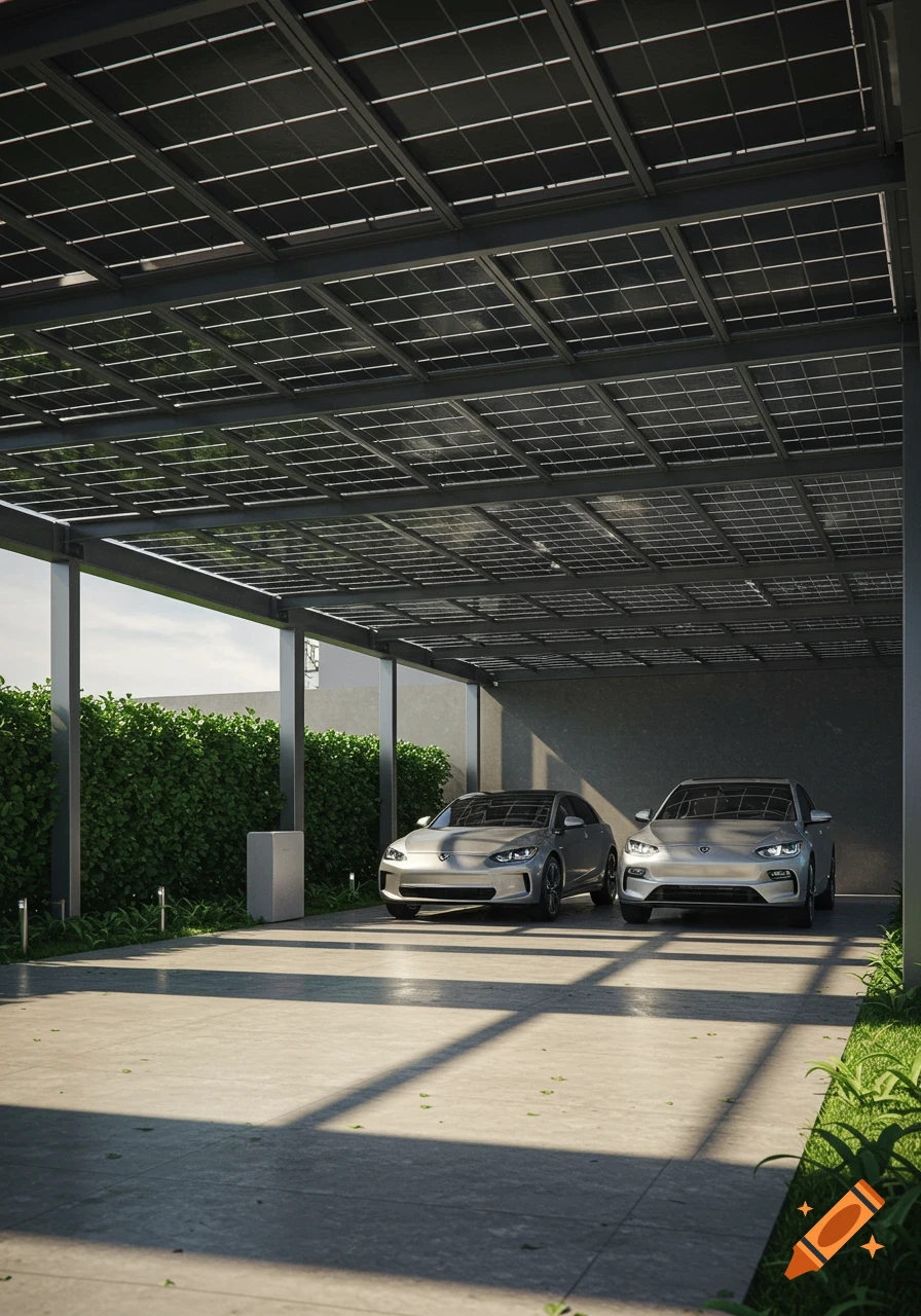 Two silver electric cars parked under a modern aluminum pergola topped with solar panels. Photorealistic image.