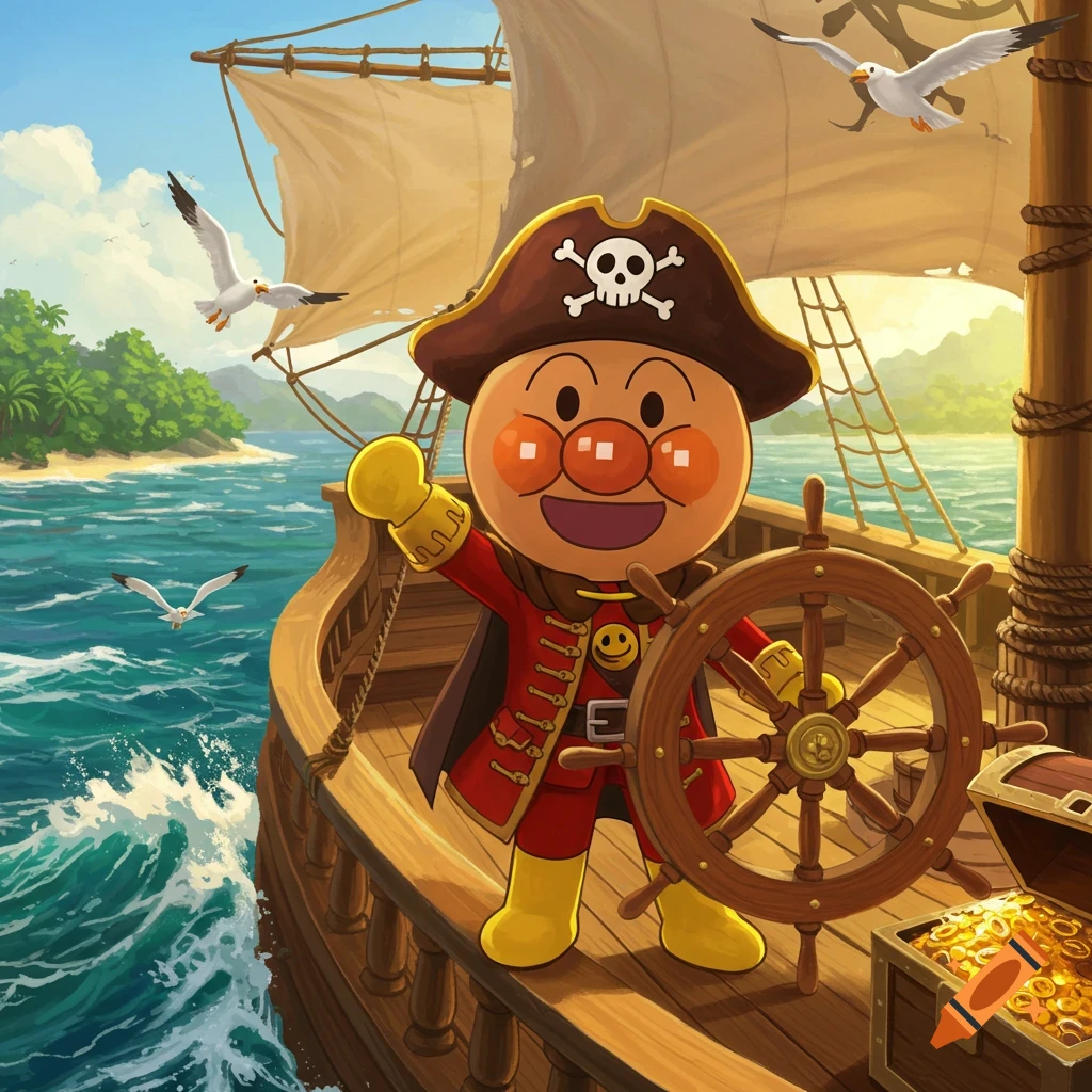 Cartoon Anpanman as a pirate, waving from a ship with a treasure chest, seagulls, and an island in the background.