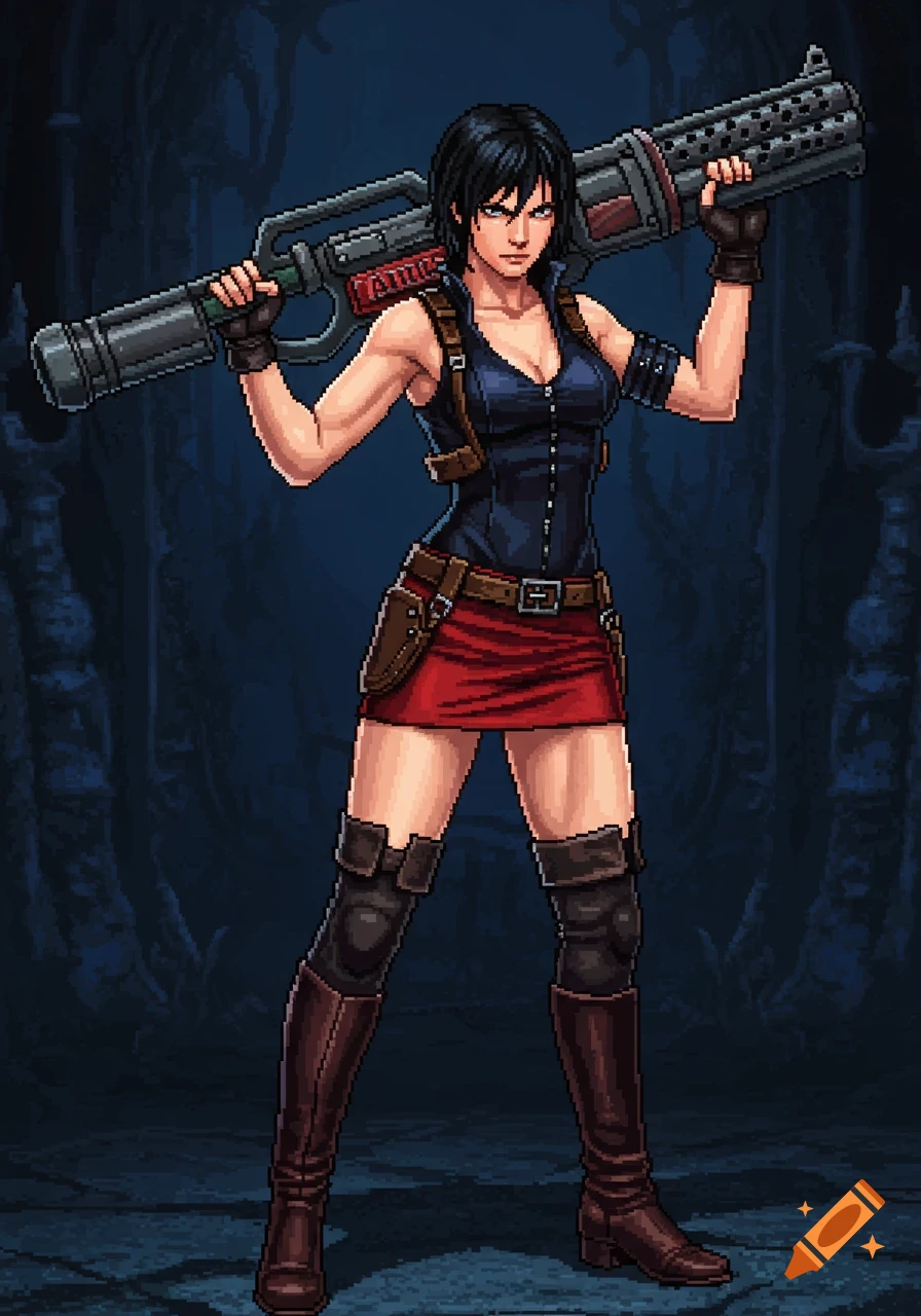 Pixel art of a dark-haired woman in a corset, red skirt, and boots, holding a large weapon over her shoulder.