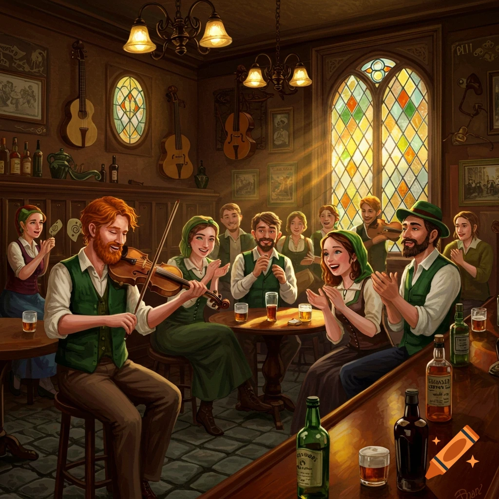 A lively scene in a rustic Irish pub with a red-haired man playing a fiddle while others clap and sing along, bathed in sunlight from a stained-glass window.
