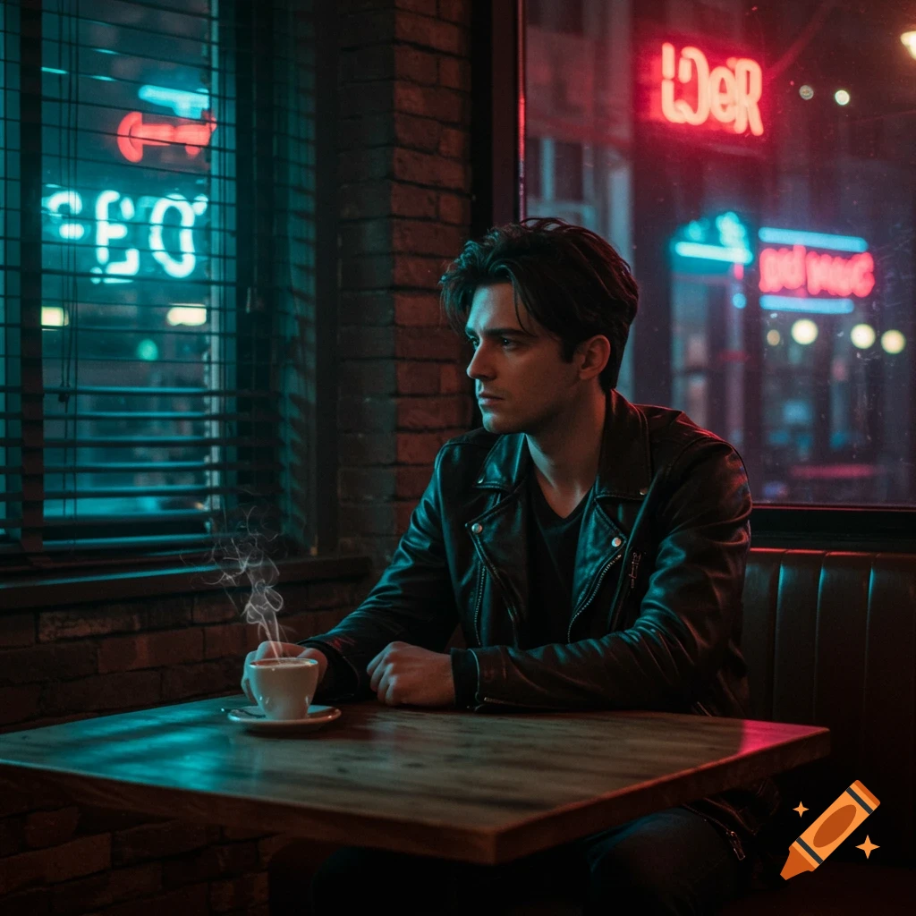 A man in a leather jacket sits in a moody, neon-lit cafe, looking out a window as steam rises from his coffee cup.