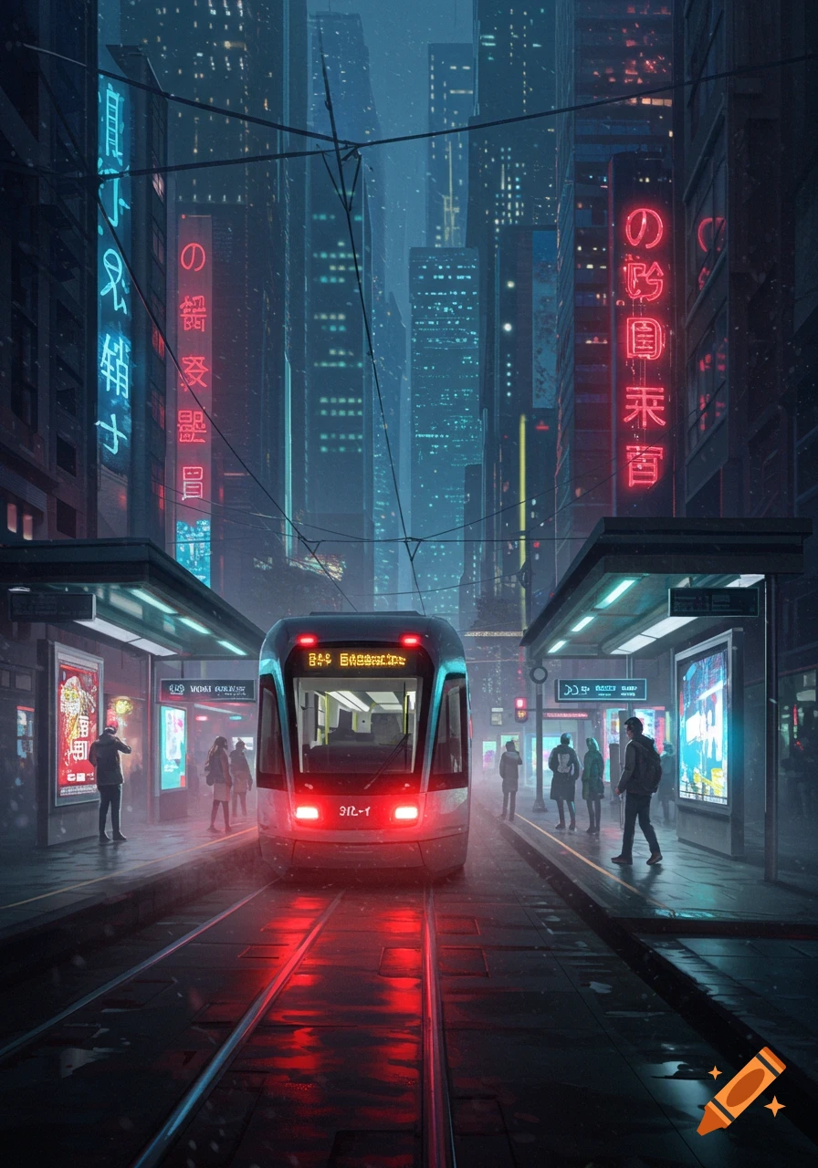 A dark cyberpunk city at night with a tram arriving at a station, illuminated by bright neon signs and reflections.