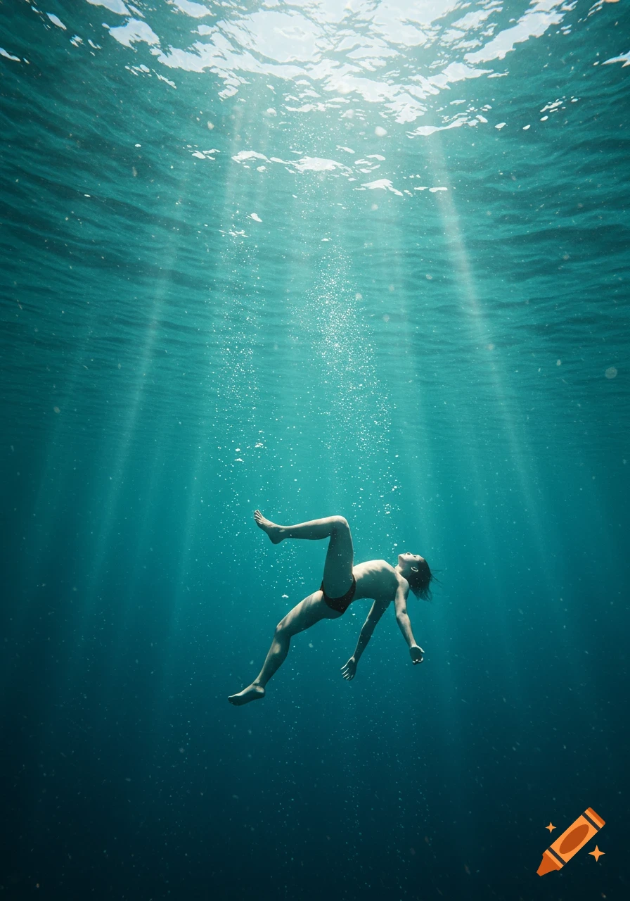 A person floating relaxed underwater, illuminated by sunbeams from the surface, in a photorealistic style.
