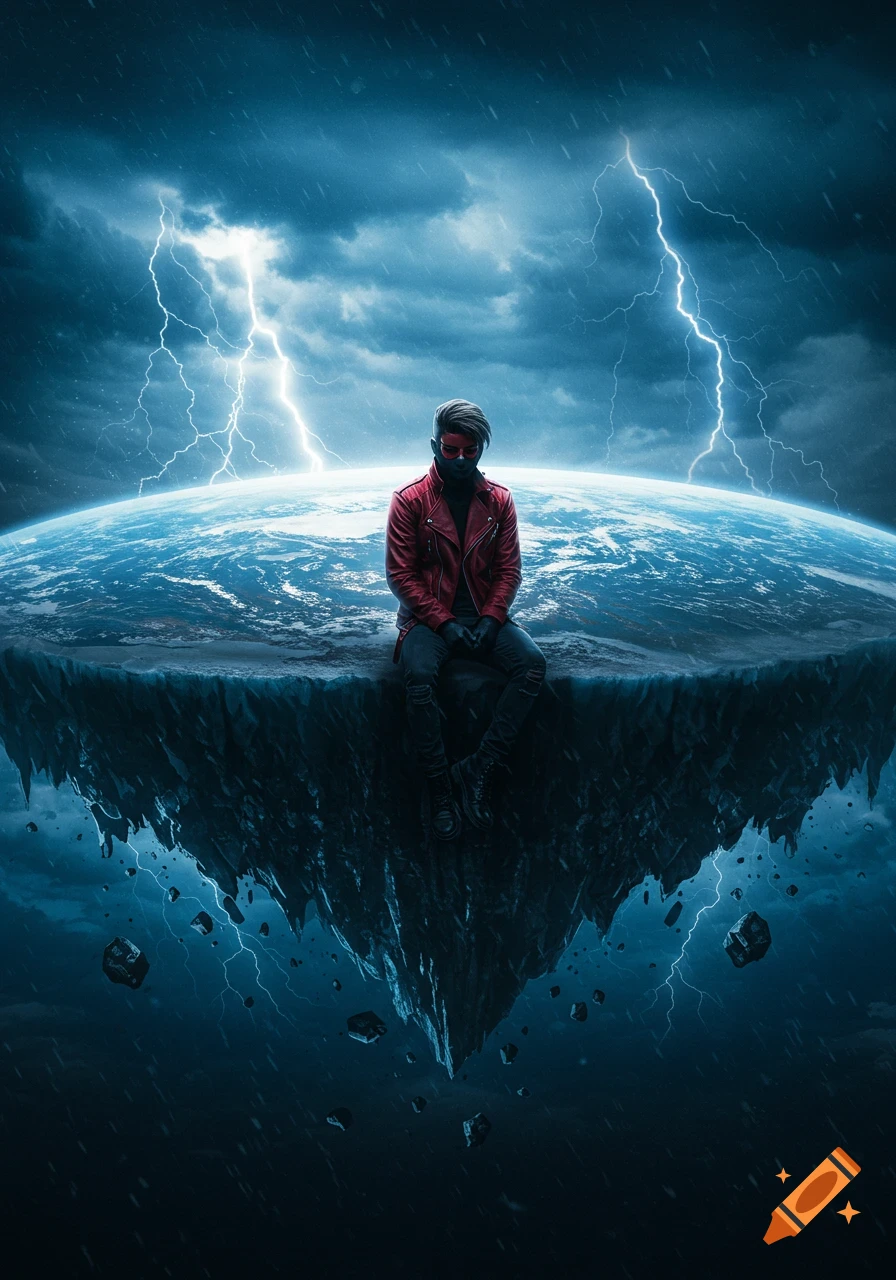A person in a red jacket and black mask sits on a flat Earth under stormy skies with lightning, surreal digital art.