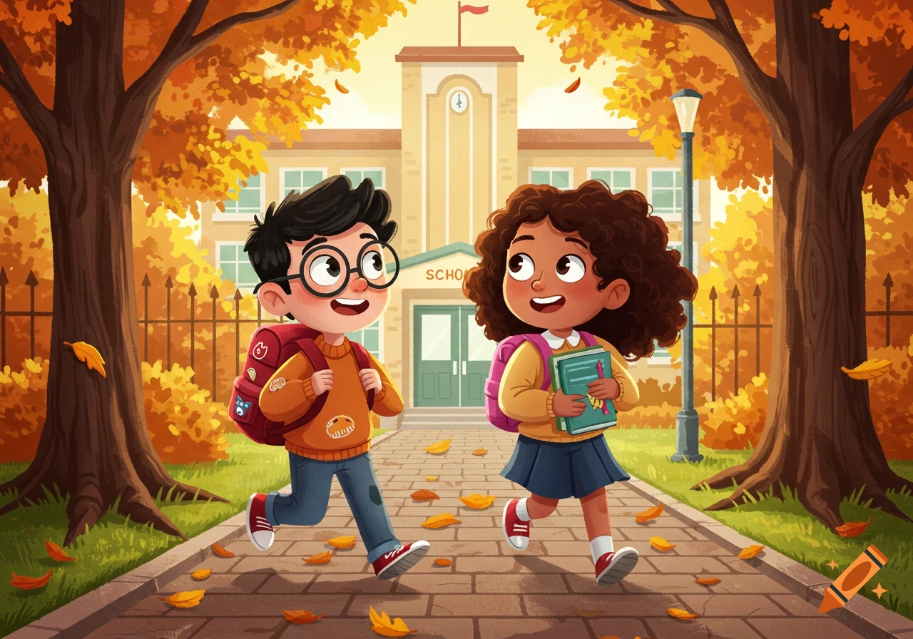 A cartoon boy and girl with backpacks run towards a school building on an autumn day.