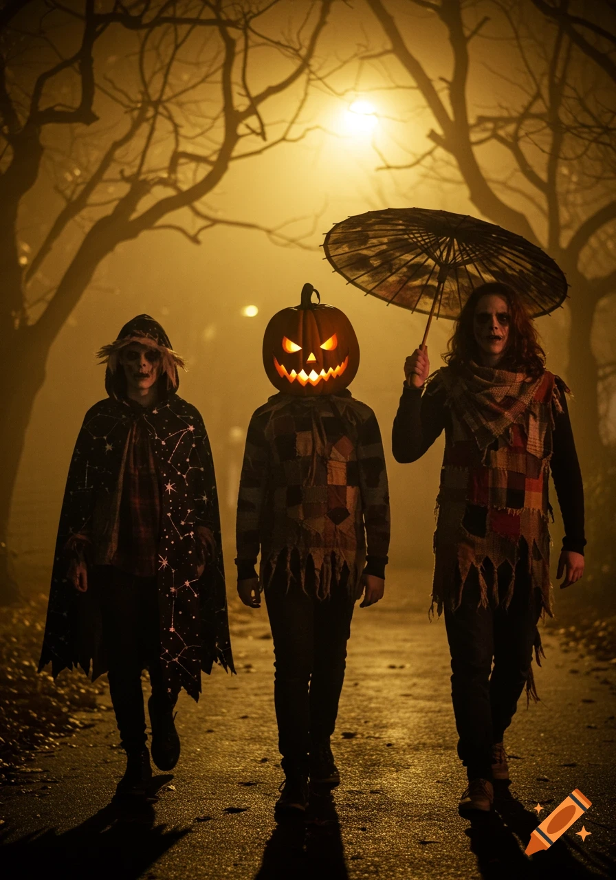 Three people in Halloween costumes—a scarecrow, a pumpkin head, and a person with an umbrella—walk a misty, tree-lined path at night.