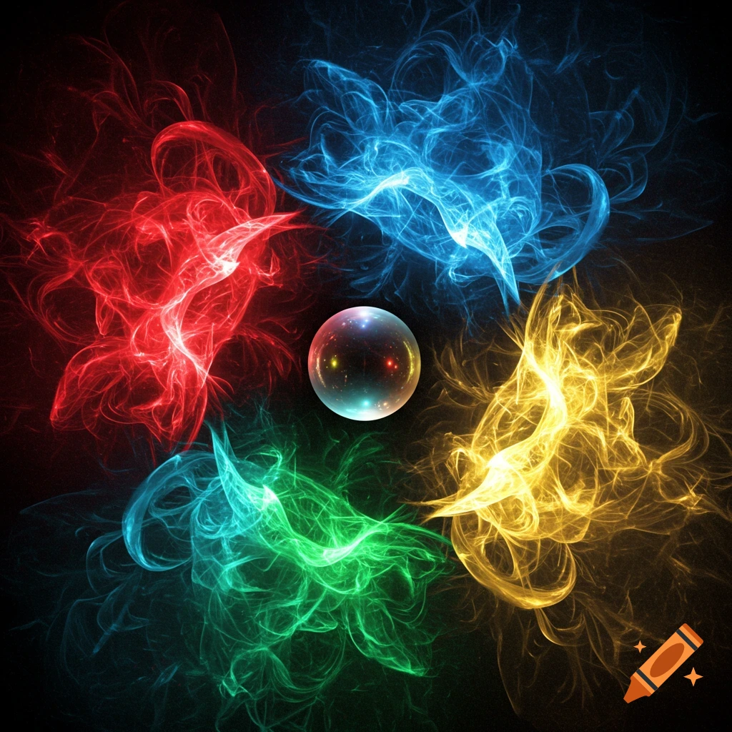 Abstract art with red, blue, yellow, and green smoke swirling around a central glowing, reflective orb.