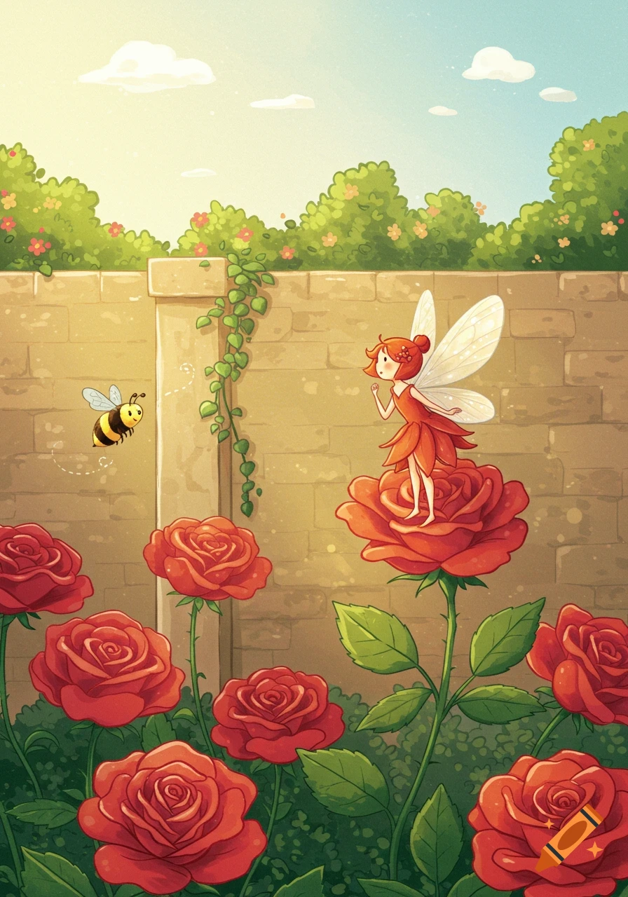 Cartoon illustration of a flower fairy sitting on a red rose in a sunny garden, with a bee flying nearby.