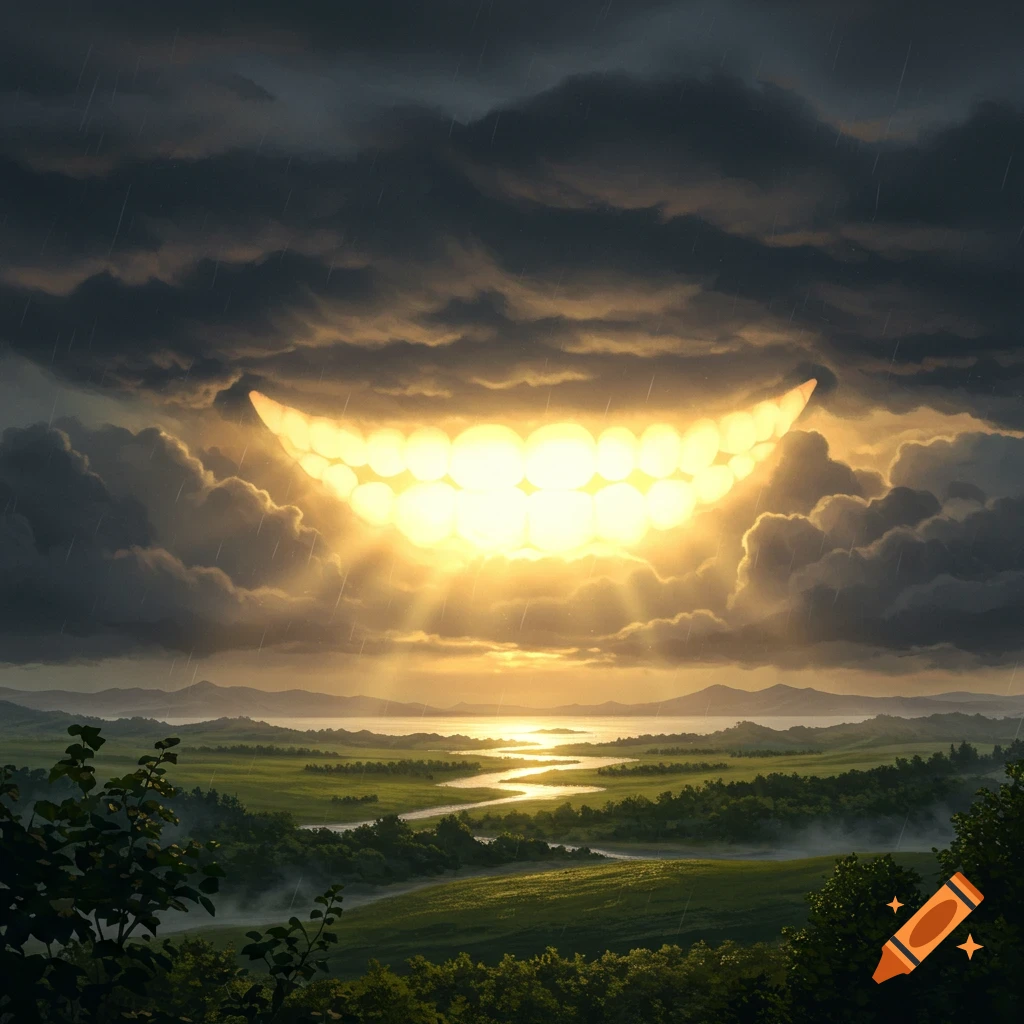 A radiant, smiling sun-like light breaks through dark, stormy clouds over a lush green landscape with a winding river.
