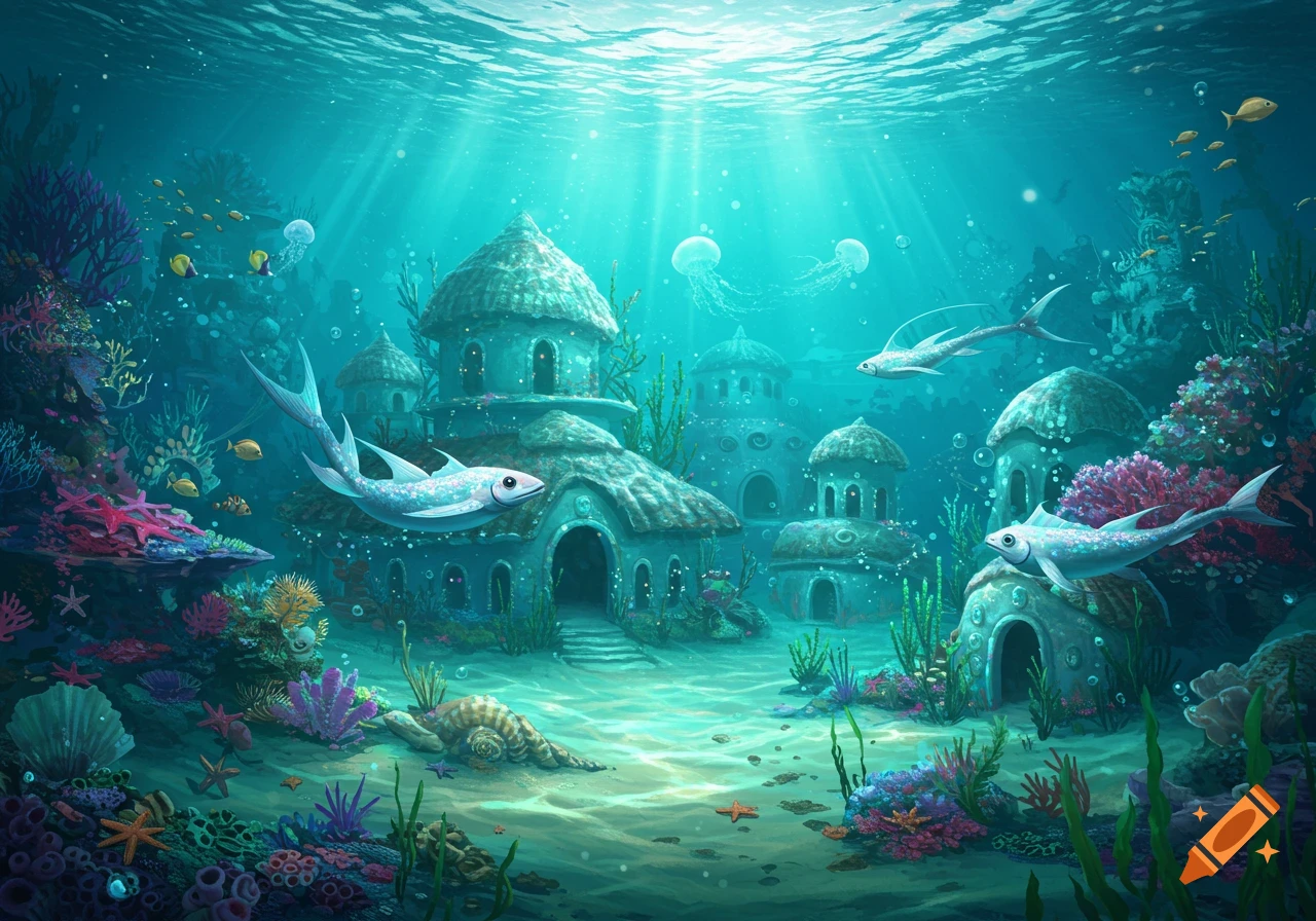 An intricate underwater village with domed buildings, vibrant coral, diverse fish, and jellyfish under sunlit blue water.