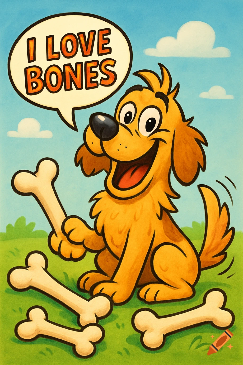 A happy cartoon dog in a grassy field holds a bone and says 'I LOVE BONES' in a speech bubble.