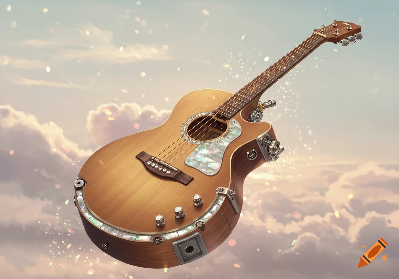 A stylized, mechanized acoustic guitar with mother-of-pearl inlay floats among dreamy clouds and sparkling lights.