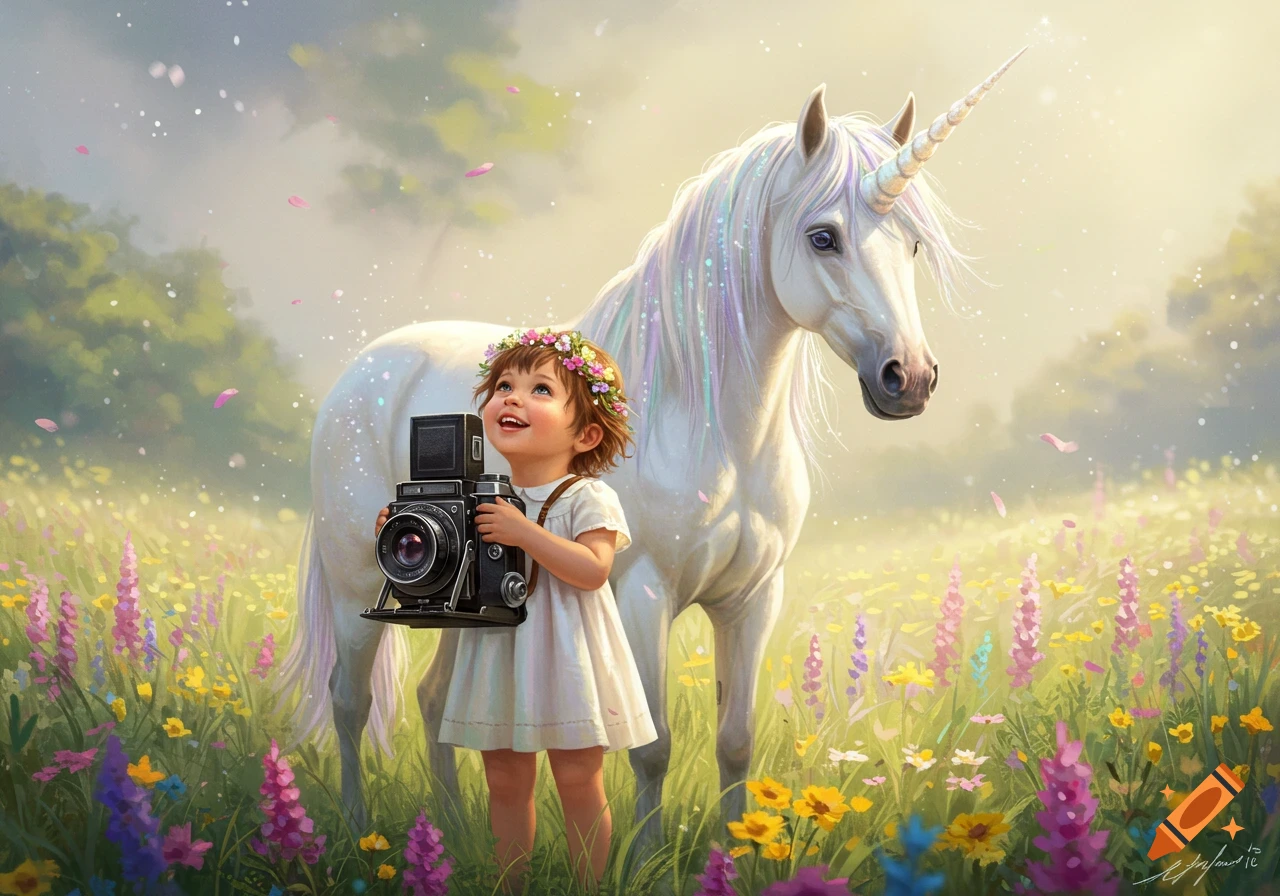 A whimsical image of a child with a flower crown and vintage camera, standing beside a majestic white unicorn in a field of wildflowers.