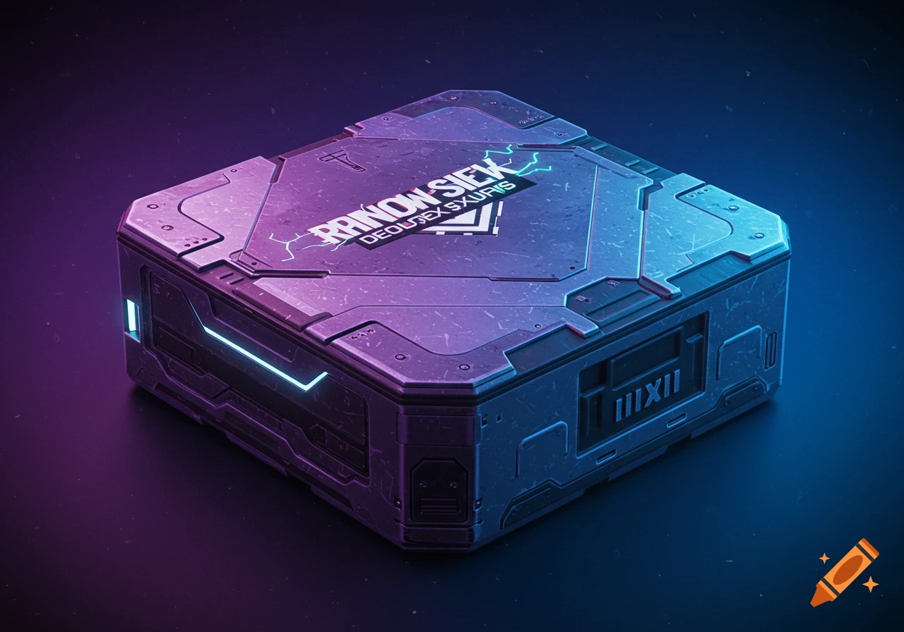 A futuristic metallic crate with glowing blue accents and a purple and blue gradient light, featuring stylized text on its top surface.