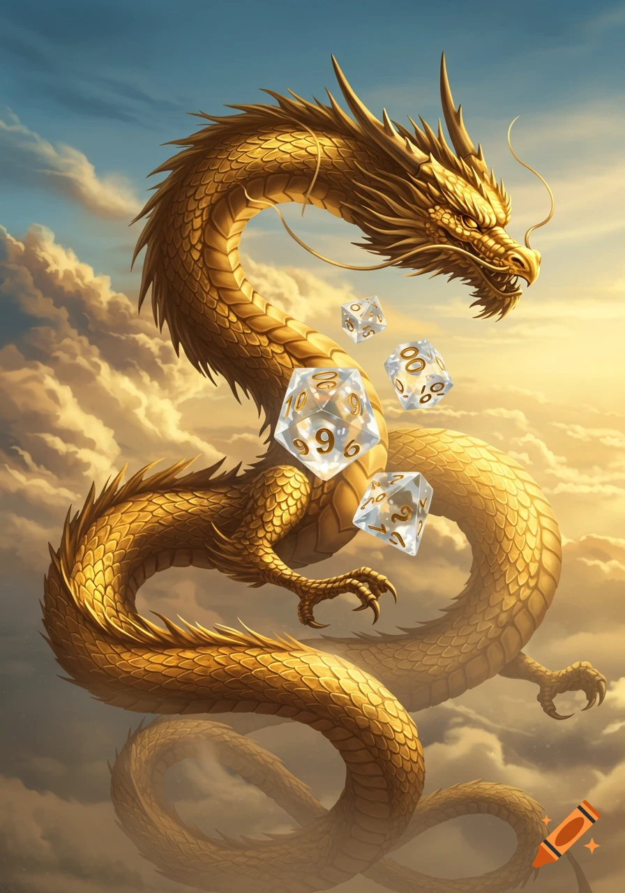 A majestic golden imperial dragon soars through a cloudy sky, surrounded by transparent polyhedral dice showing various numbers.