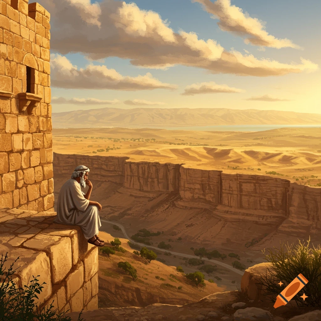 An old man in robes sits on a stone wall overlooking a vast, sunlit desert canyon and mountains.