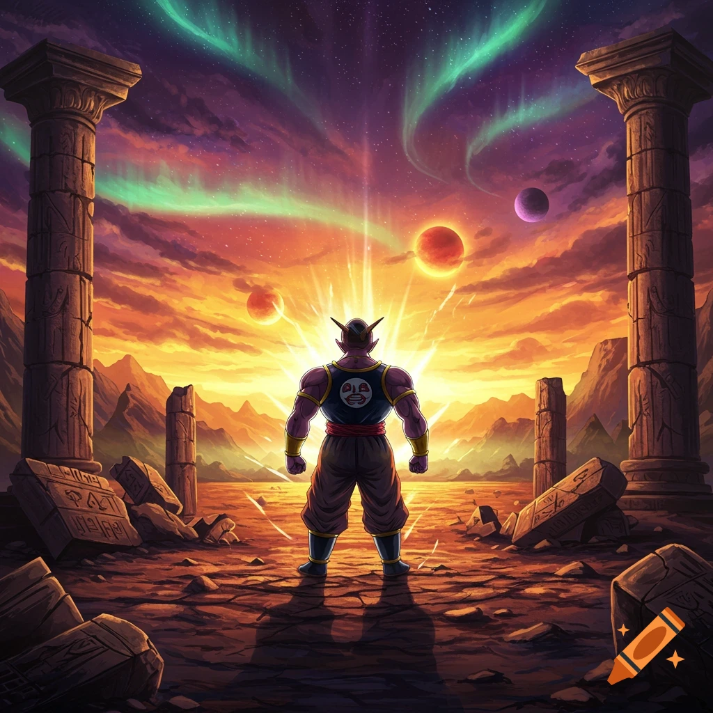 A muscular, horned character stands amidst ancient ruins under a dramatic sky with planets and aurora lights.