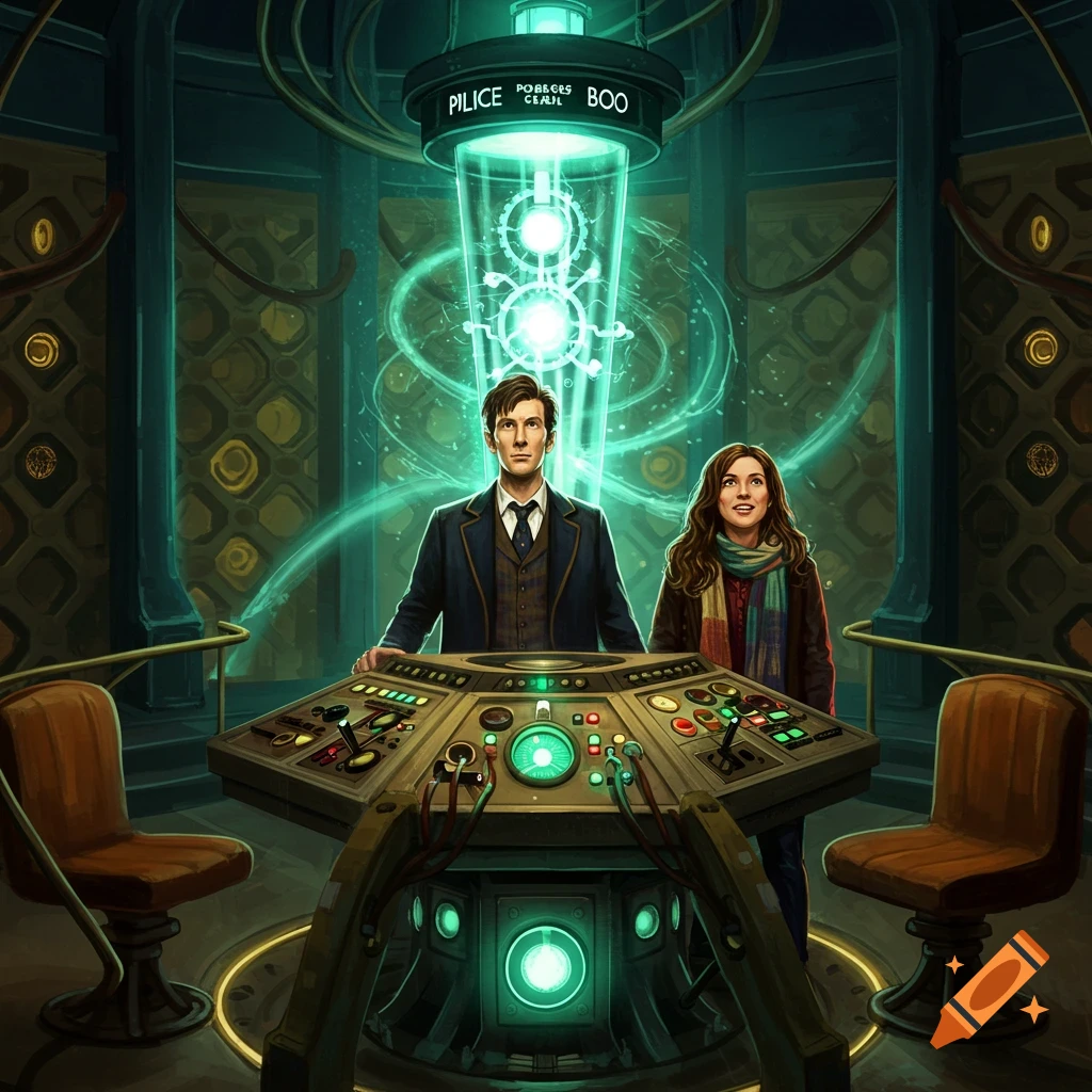The Doctor and his companion stand in the glowing blue TARDIS control room in a detailed digital illustration.