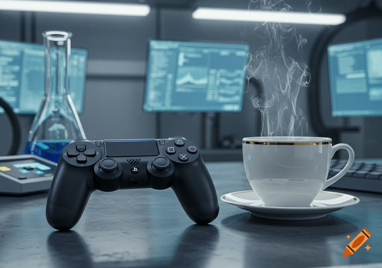 A black PlayStation controller next to a steaming cup of coffee on a lab table with blurred science equipment and monitors in the background, photorealistic style.